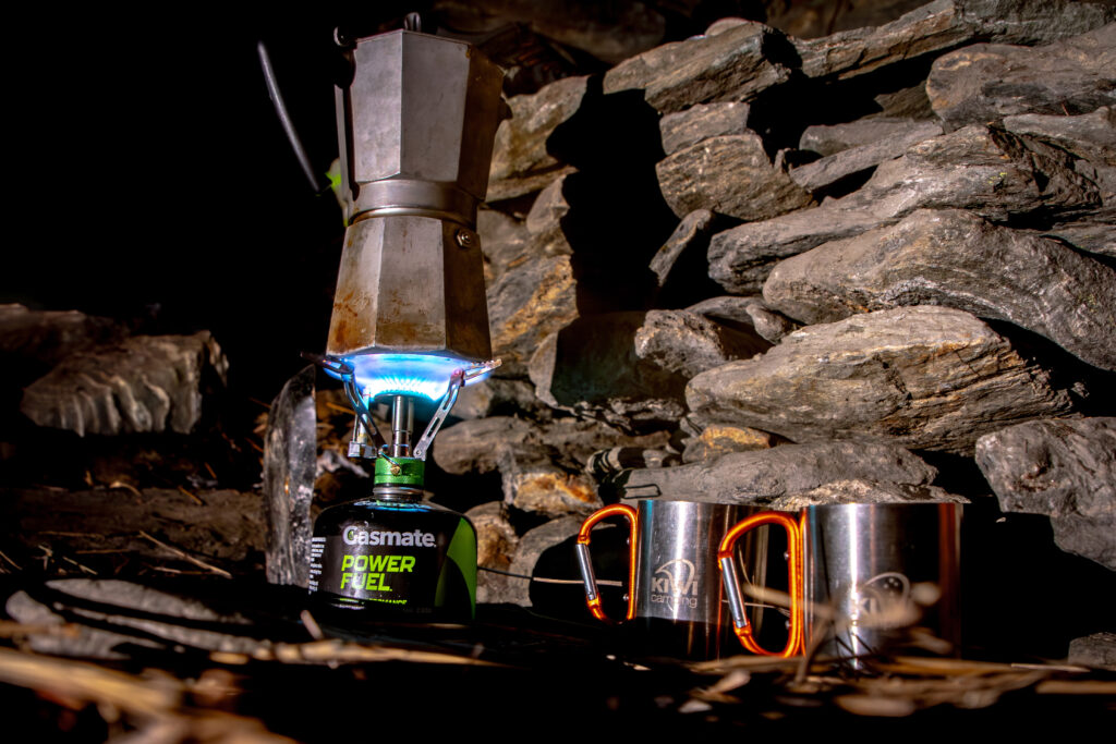 gasmate butane stove in a cave cooking
