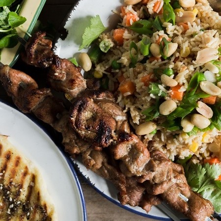 satay rice salad pork skewers 1