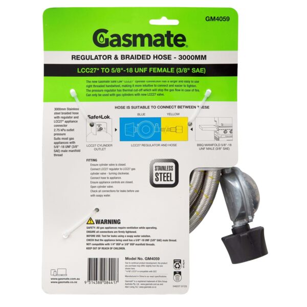 gasmate regulator and braided hose 3000mm pack reverse GM4059