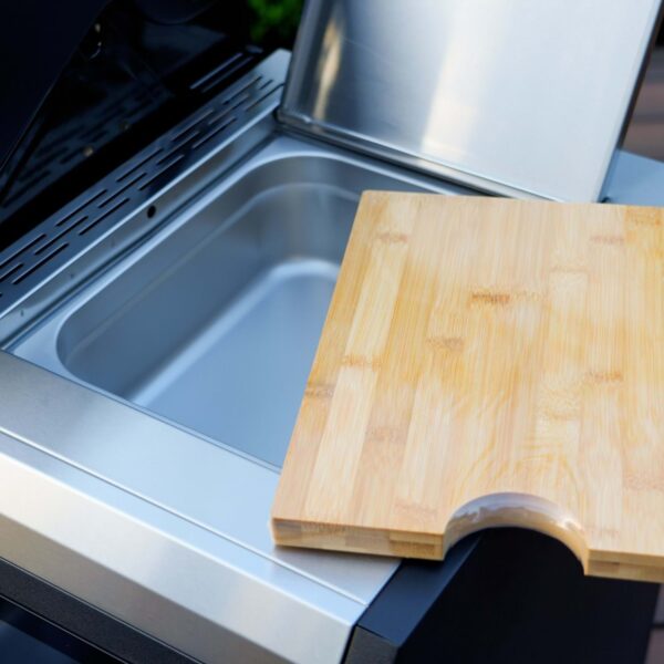 gasmate apollo 6 burner bbq kitchen storage and board insitu
